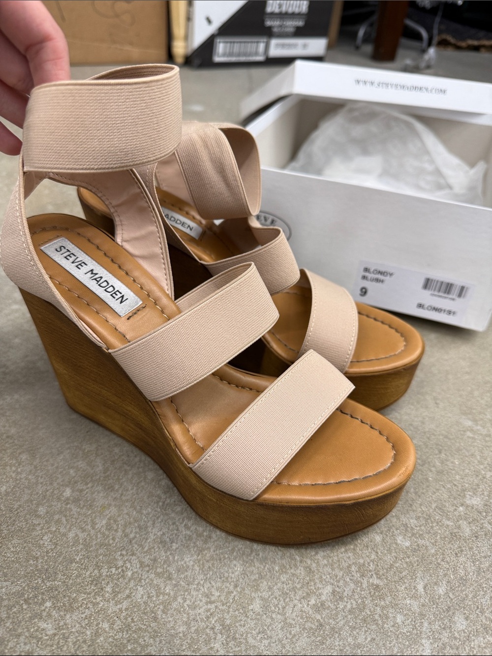 Steve Madden Beige Elastic-Strap Platform Wedges